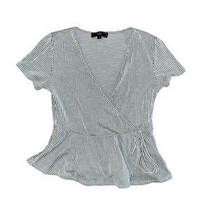 VIBE Faux Wrap Green & White Short Sleeve Blouse Size Large